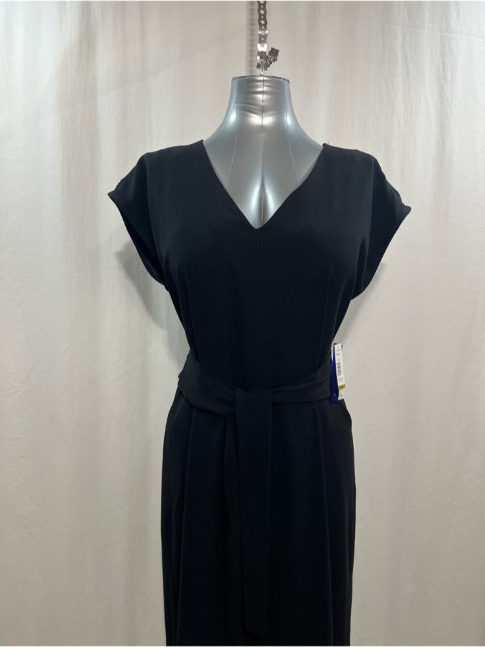 Peter Nygard Black Cap Sleeve Wide Leg Jumpsuit Belted V-Neck Romper Pant 1719